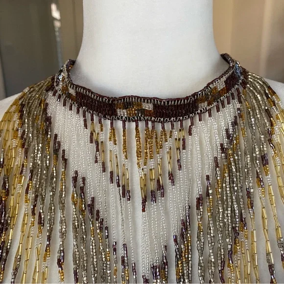 Handmade Beaded Fringe Statement Necklace in Brown and Gold - Picture 2 of 8